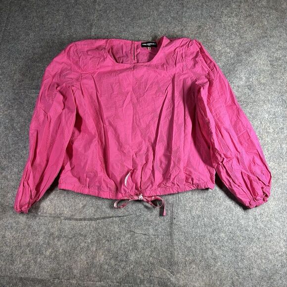 Karl Lagerfeld Top Women’s Large Paris Eiffel Tower Print Blouse Puff Sleeve - Picture 1 of 8